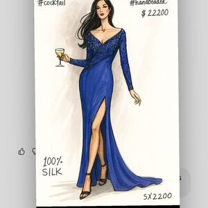 Luxurious  Purple Silk Gown with Beading, Sleeves long -V neck - off shoulder